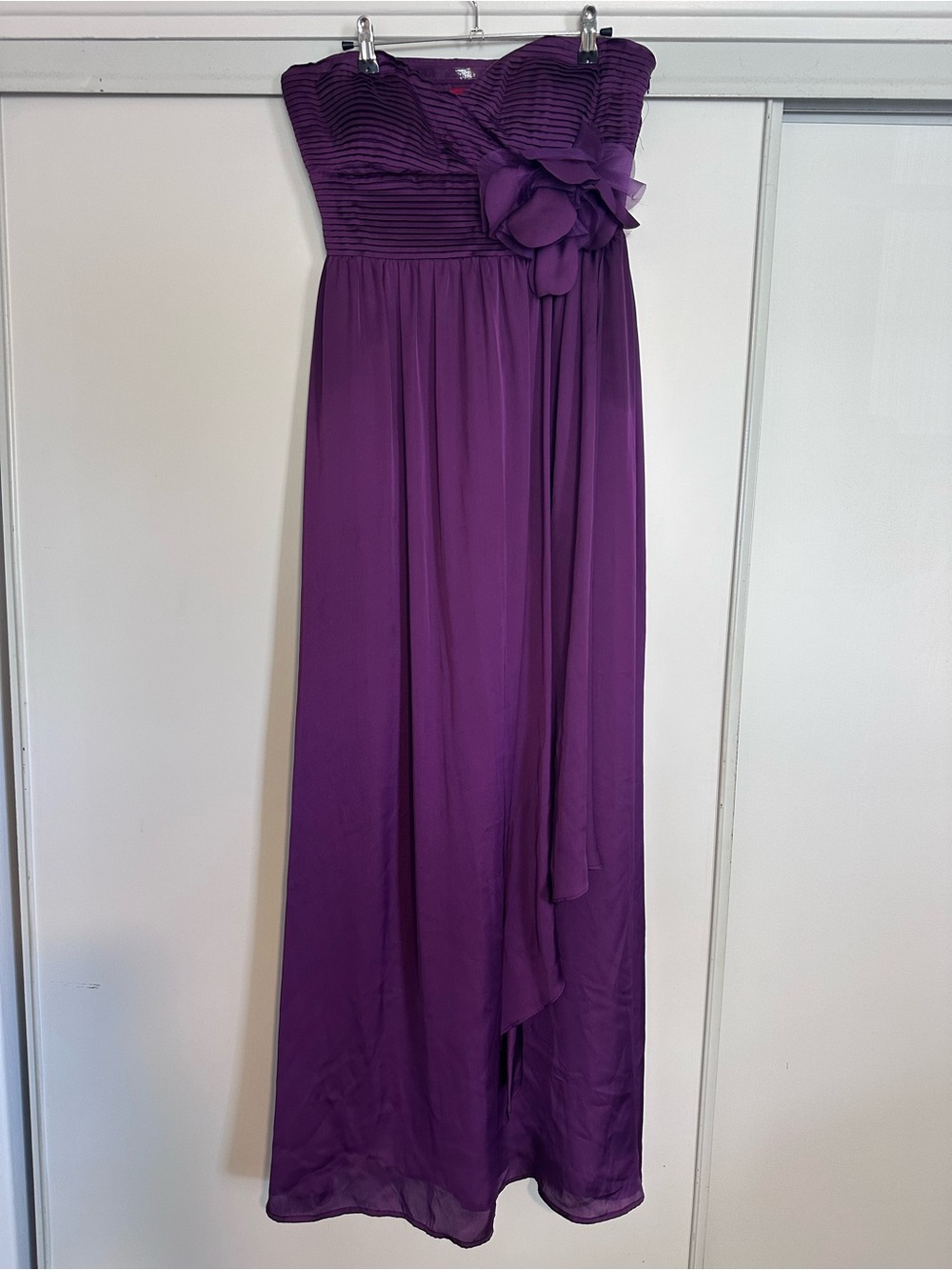 JS Collections Strapless Purple Chiffon Evening Gown with Floral Accent